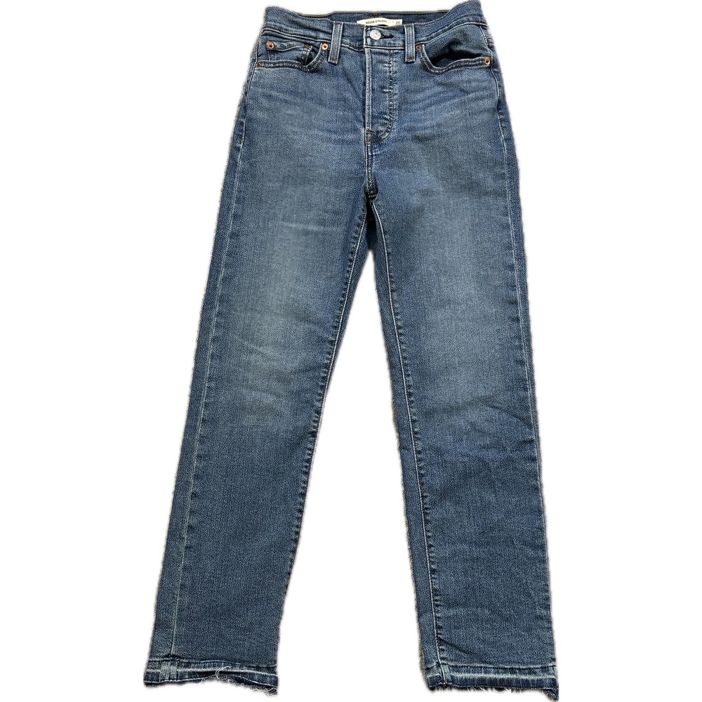 Levi's Wedgie Straight Jeans High Rise Raw Hem 26 Blue Denim Casual Classic